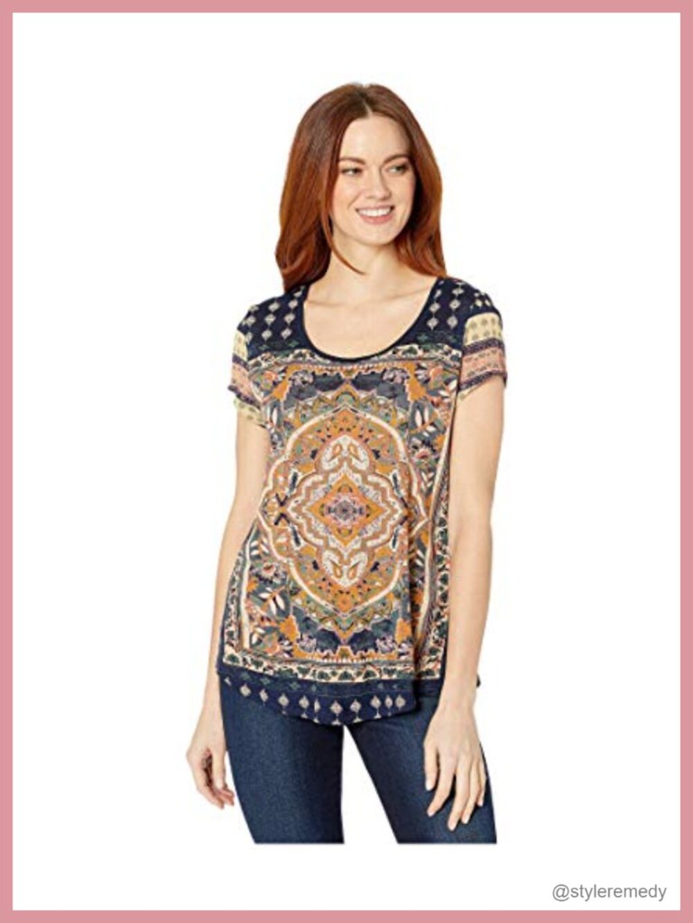 Lucky Brand Persian Carpet Tee Scoop Neck Short Sleeve Pullover Casual